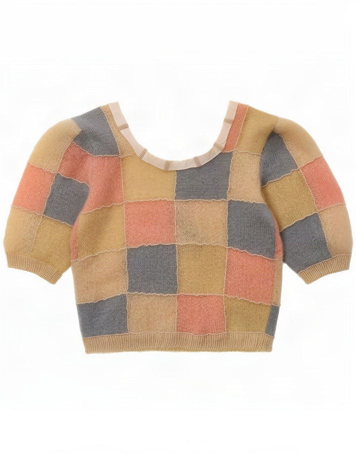 Suéter feminino vintage com decote em V Reino Unido 10 pequenos retalhos multicoloridos