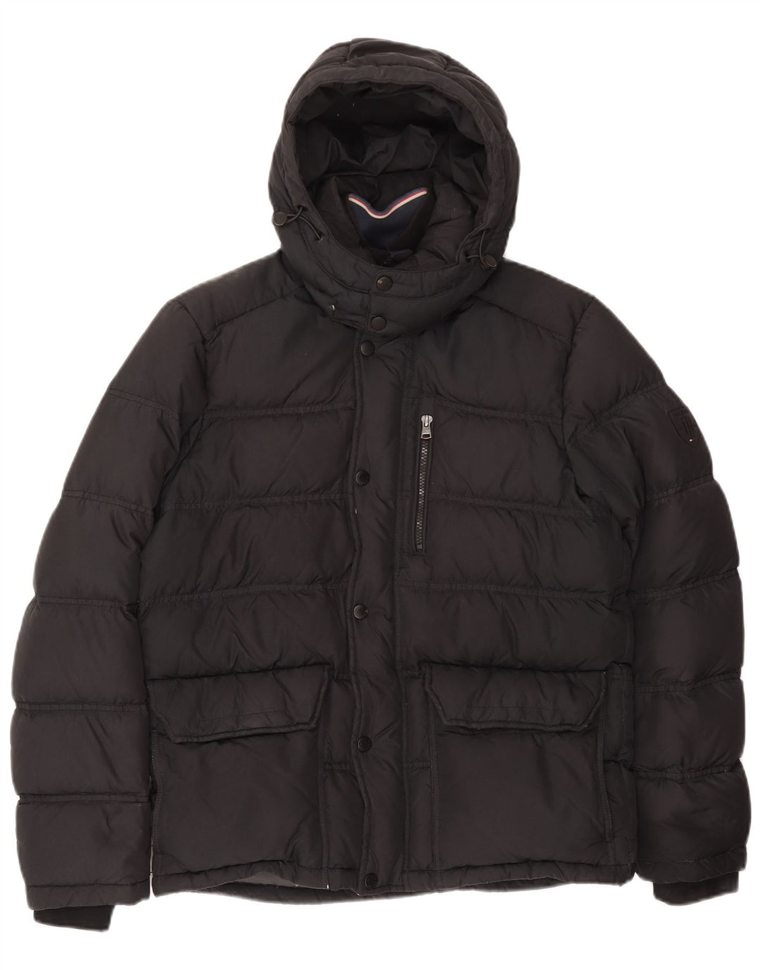 Jaqueta masculina acolchoada com capuz Tommy Hilfiger Reino Unido 38 algodão cinza médio