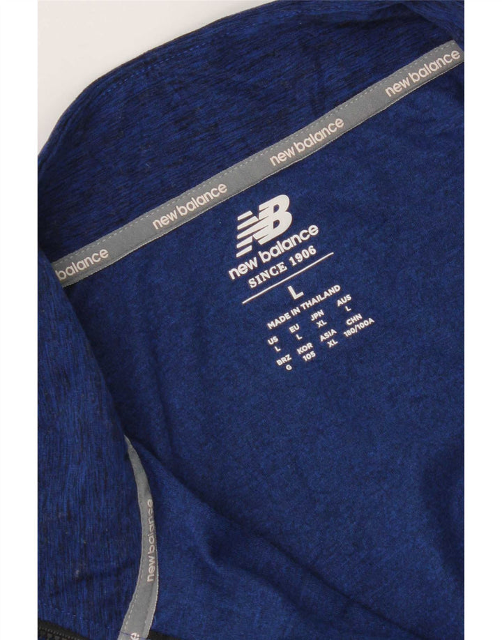 Pulôver masculino New Balance com zíper e gola alta, moletom grande azul manchado