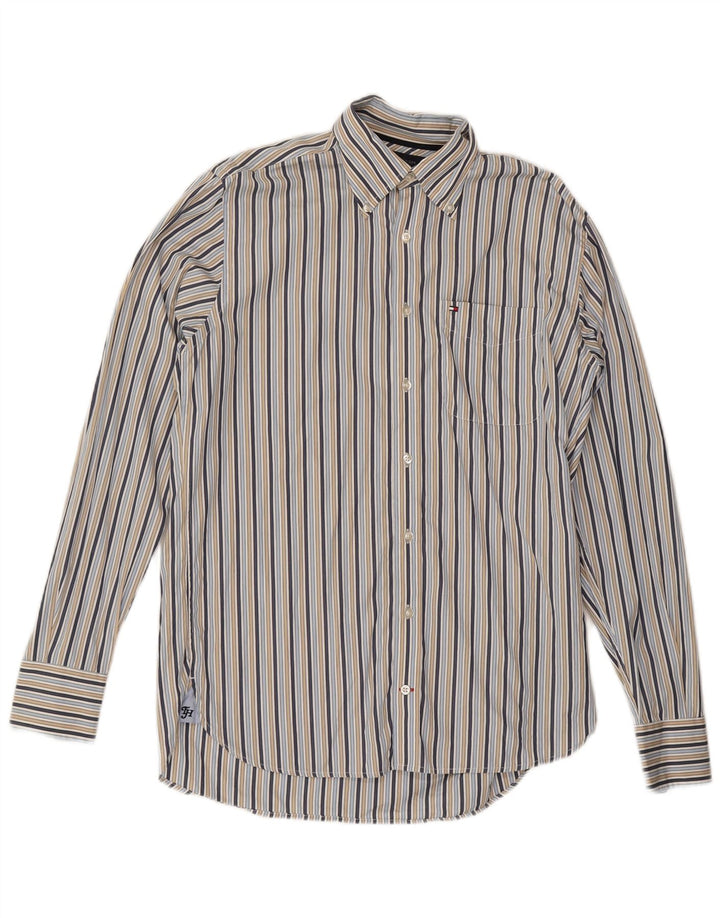 Camisa masculina TOMMY HILFIGER pequena listrada azul de algodão