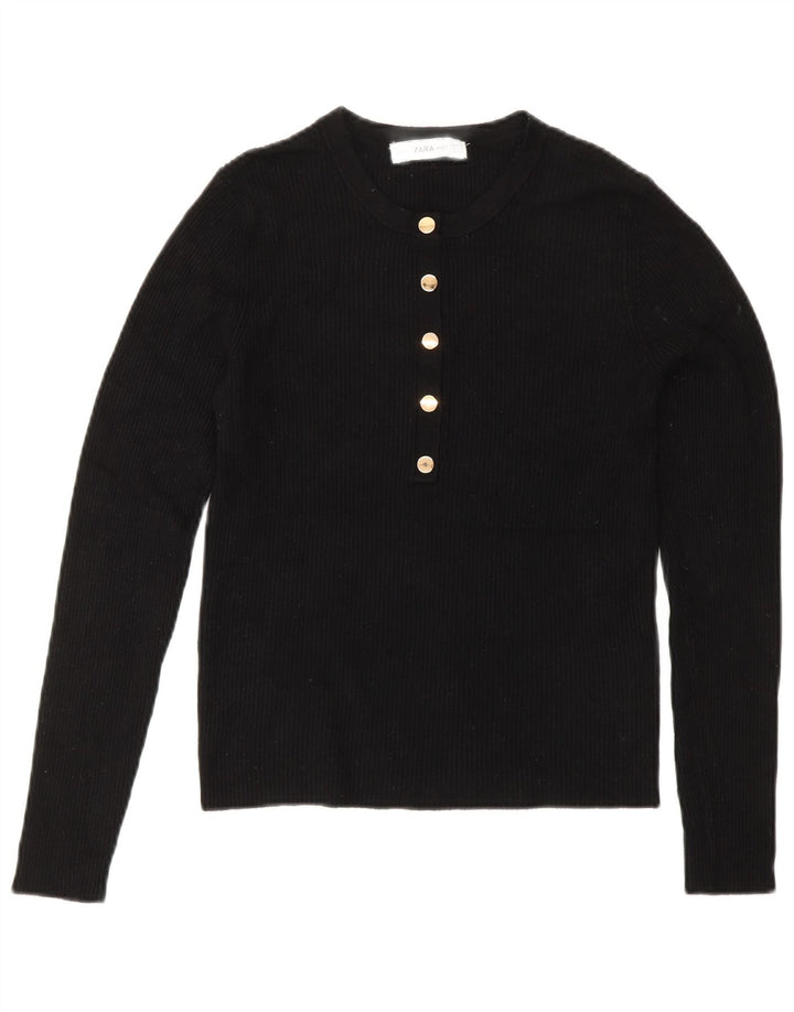 Suéter feminino ZARA com gola e botão curto Reino Unido 12 viscose preta média
