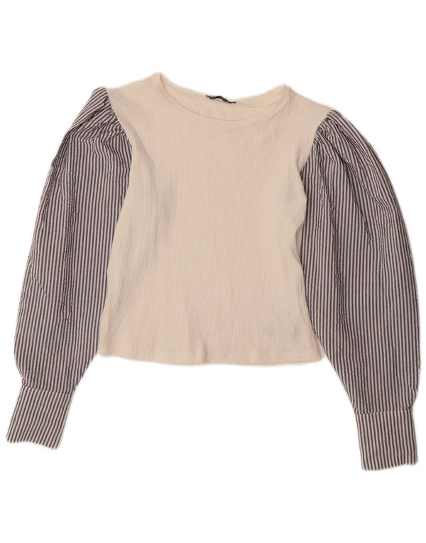Blusa feminina de manga comprida ZARA UK 12 risca de giz branca média