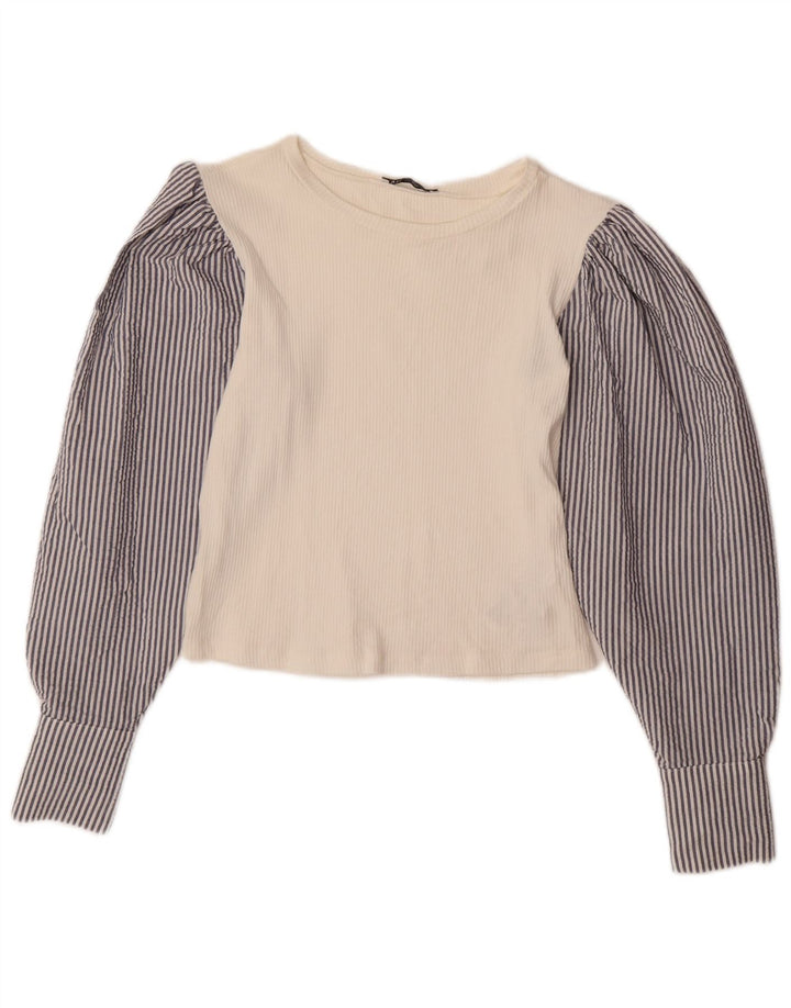 Blusa feminina de manga comprida ZARA UK 12 risca de giz branca média