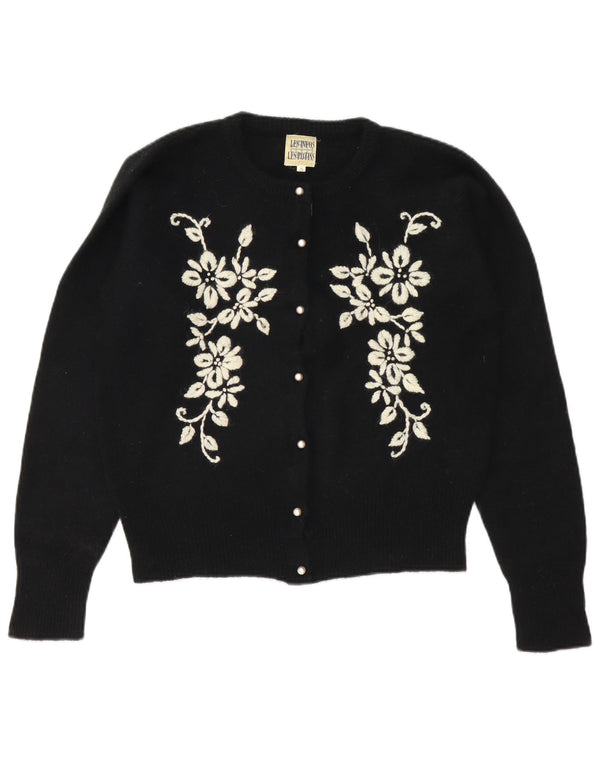 Suéter cardigã feminino vintage grande Reino Unido 10 pequeno floral preto