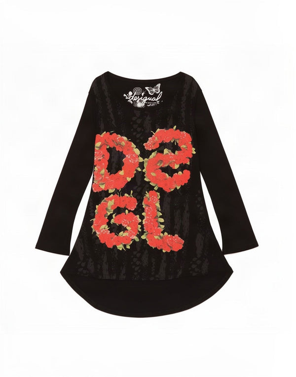 Vestido feminino Desigual estampado manga comprida linha A Reino Unido 14 grande preto floral