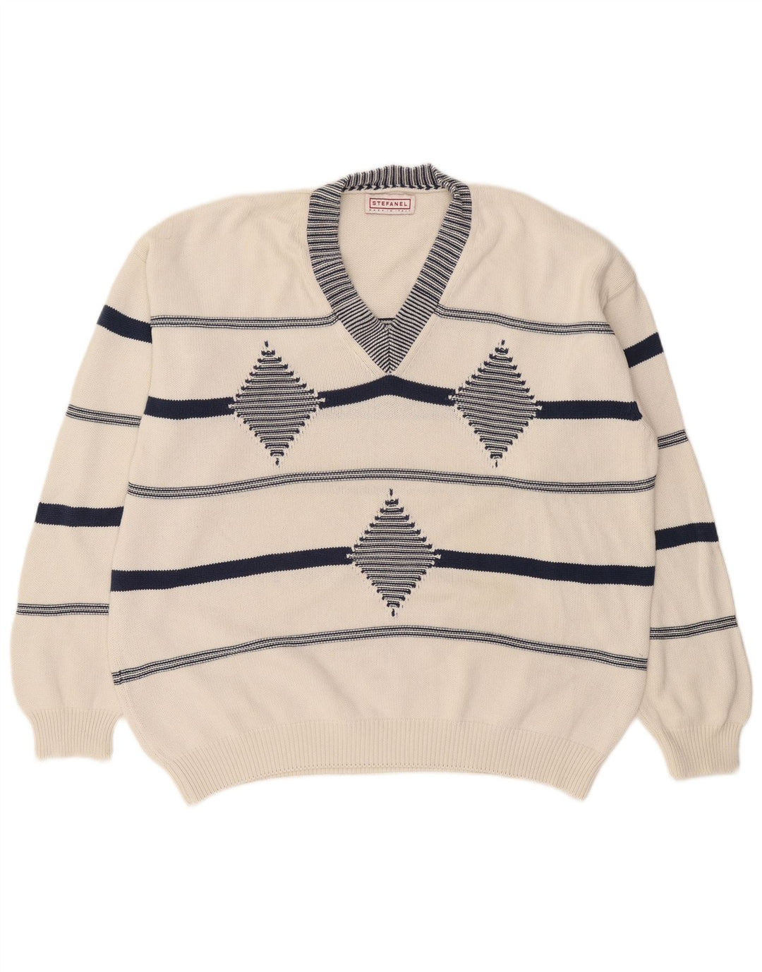 Suéter masculino Stefanel com decote em V XL branco Argyle/Diamante