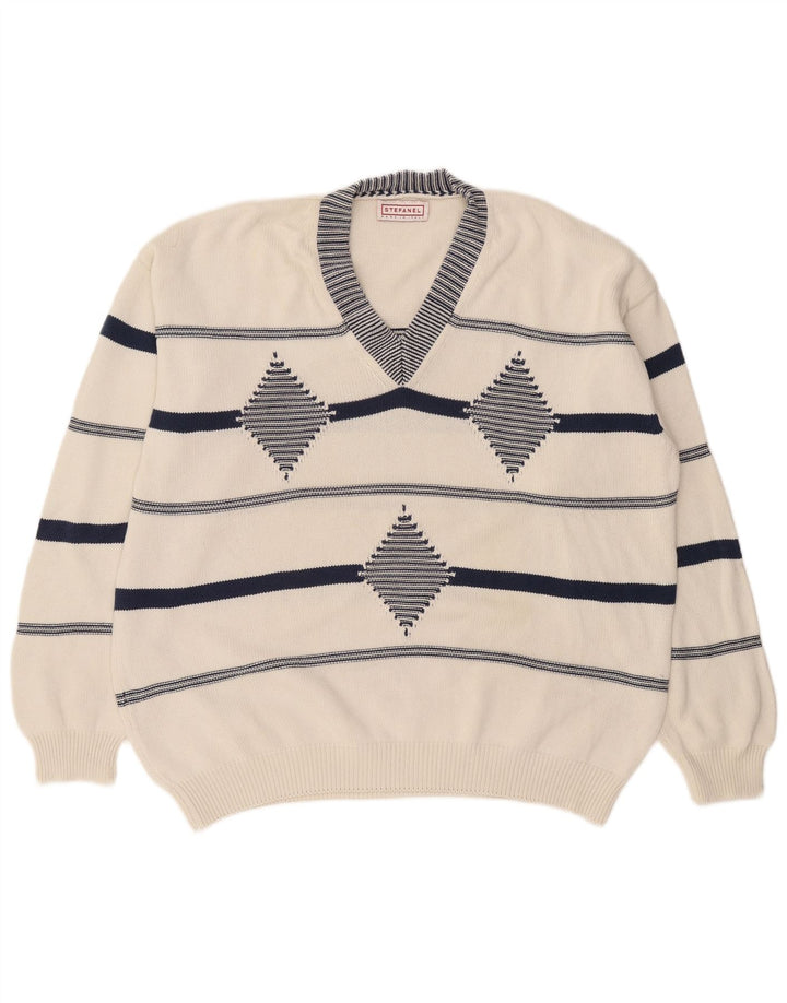 Suéter masculino Stefanel com decote em V XL branco Argyle/Diamante