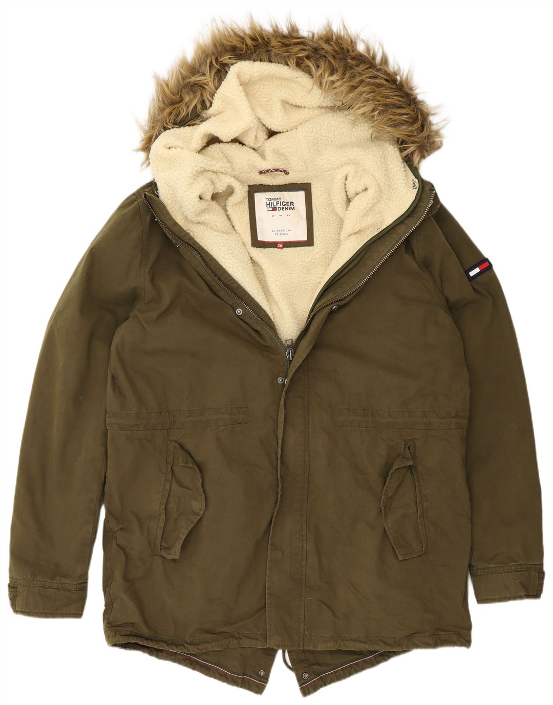 Jaqueta Parka masculina com capuz Tommy Hilfiger Reino Unido 44 2XL poliéster cáqui