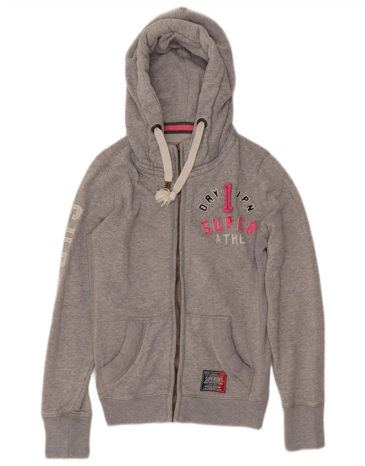 Suéter feminino Superdry com capuz e zíper gráfico UK 14 algodão cinza médio