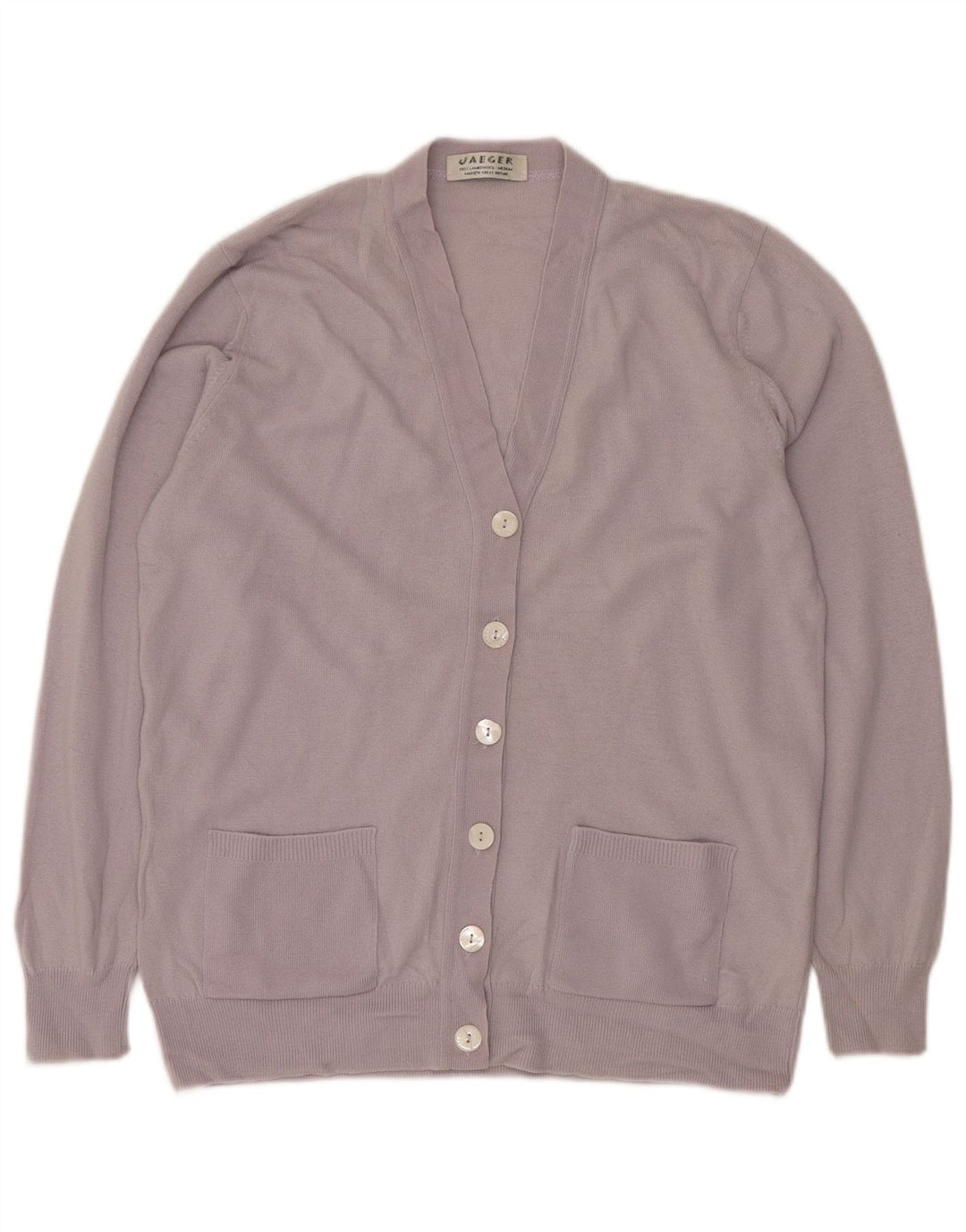 Suéter cardigã feminino Jaeger Reino Unido 14 lã de cordeiro roxa média