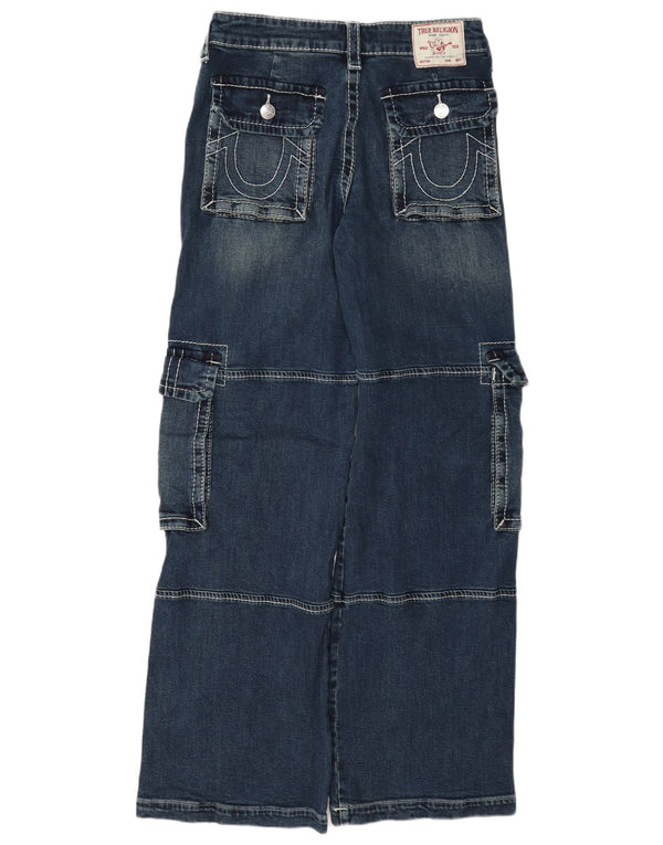 Calça jeans feminina cargo larga True Religion W26 L33 algodão azul