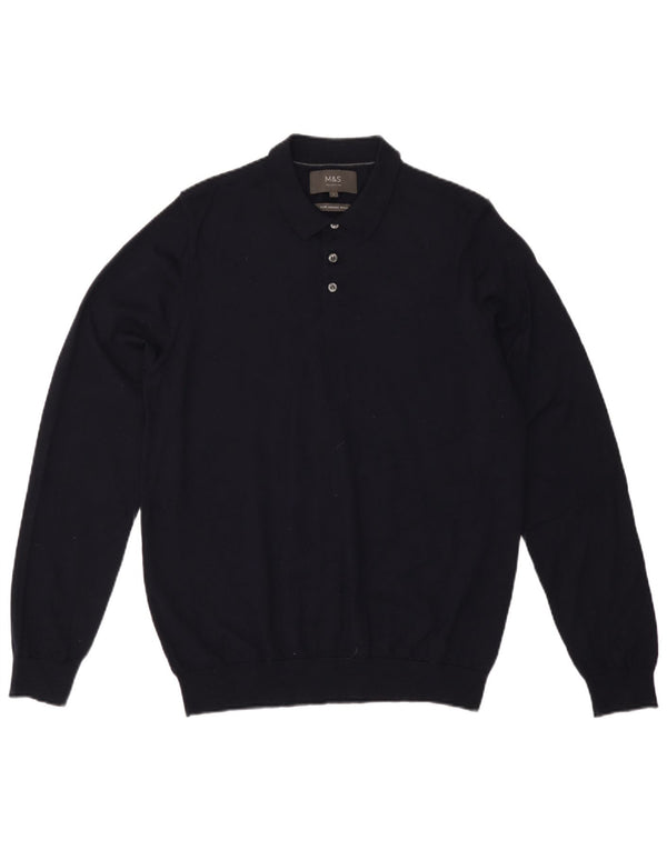 Suéter masculino Marks & Spencer com gola polo grande de lã azul marinho
