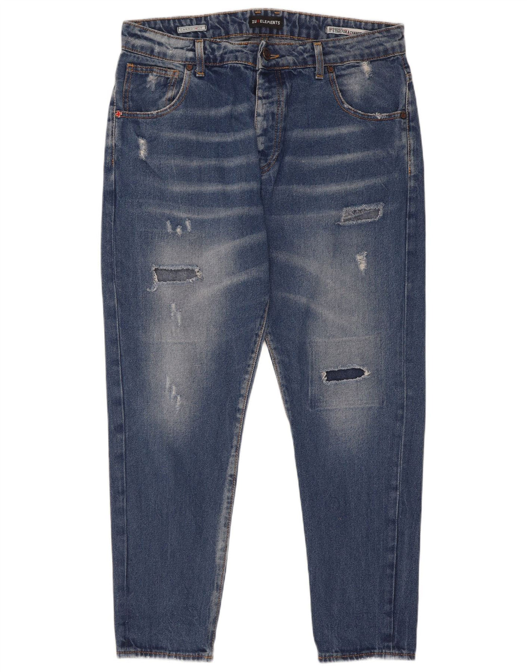 Zu Elements Jeans masculino cenoura slim desgastado W32 L28 algodão azul