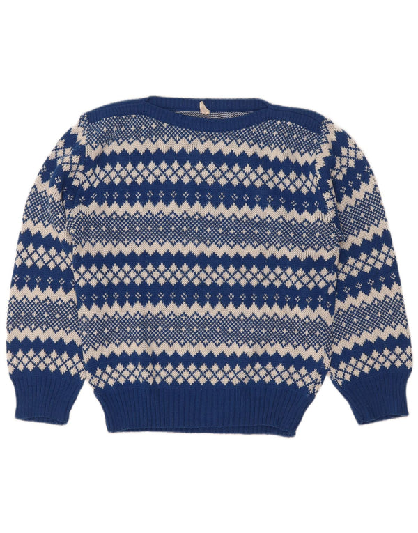 Suéter feminino vintage com gola canoa Reino Unido 12 médio azul Fair Isle