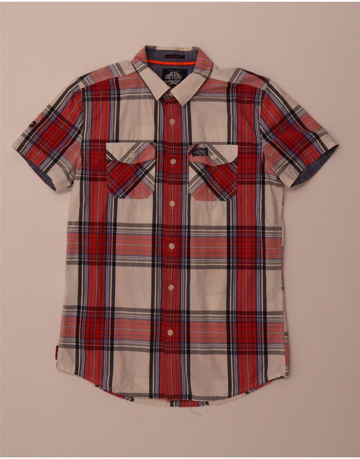 Camisa masculina SUPERDRY de manga curta com ajuste regular, algodão xadrez vermelho médio