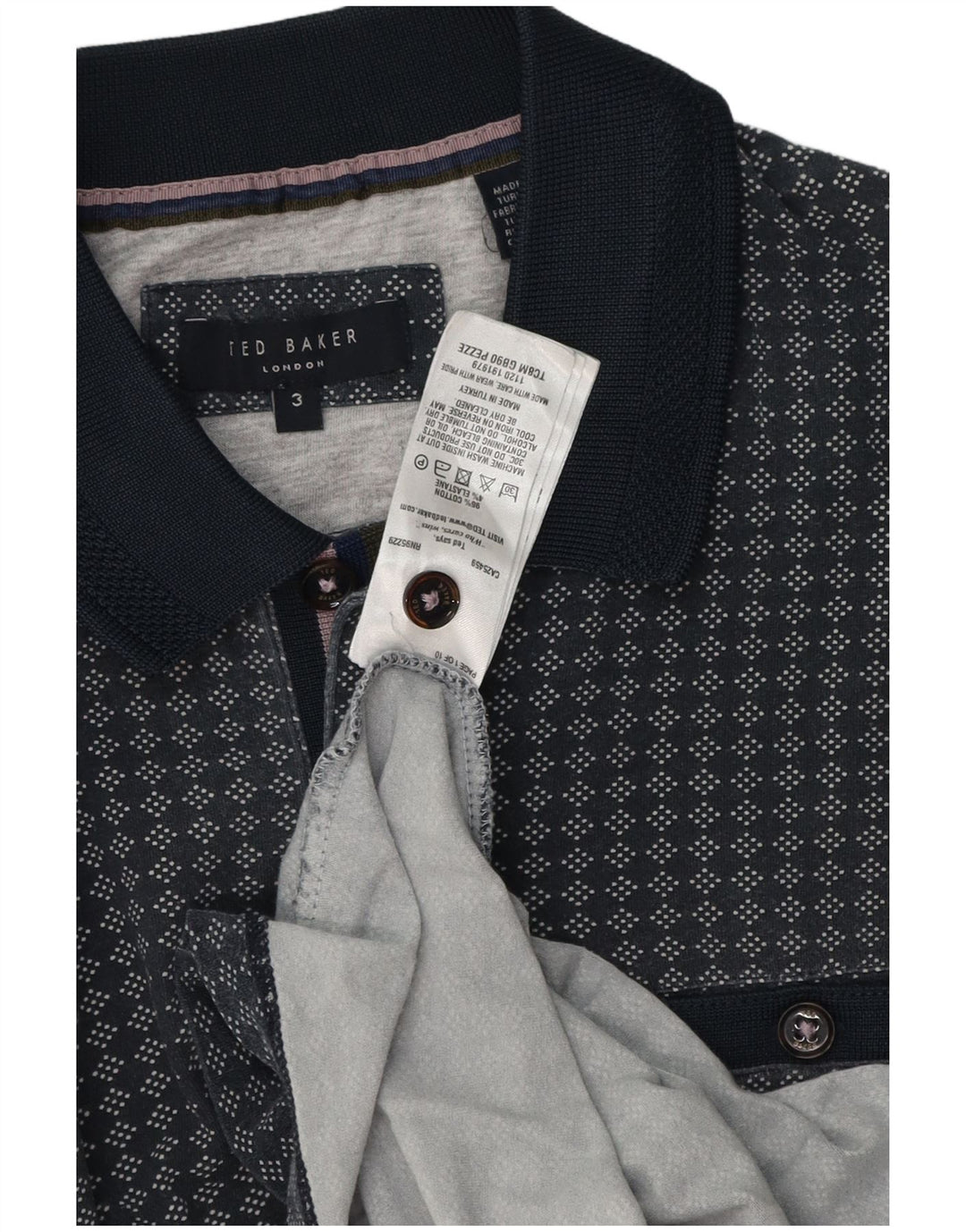 Camisa polo masculina Ted Baker tamanho 3 médio azul marinho geométrico