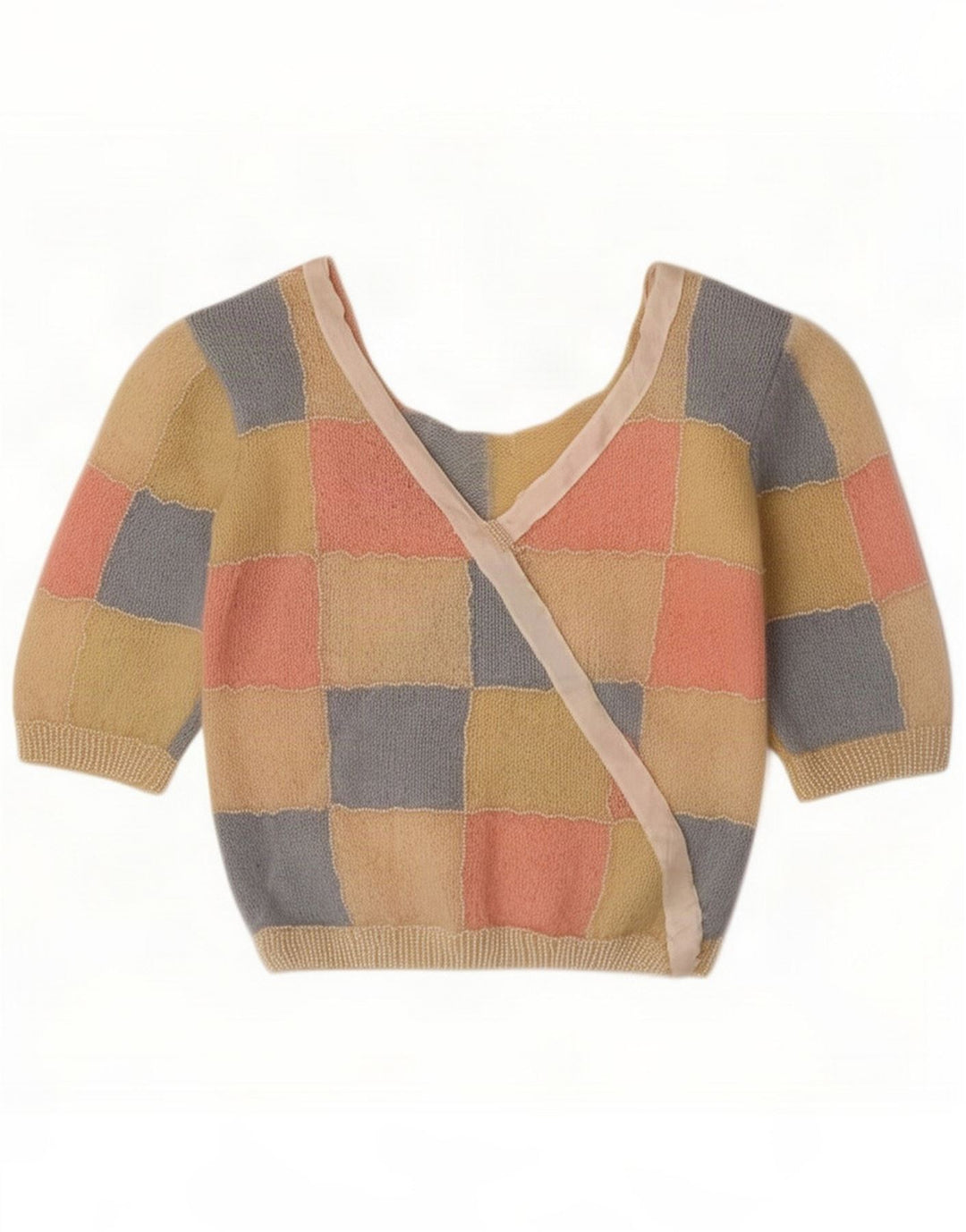 Suéter feminino vintage com decote em V Reino Unido 10 pequenos retalhos multicoloridos