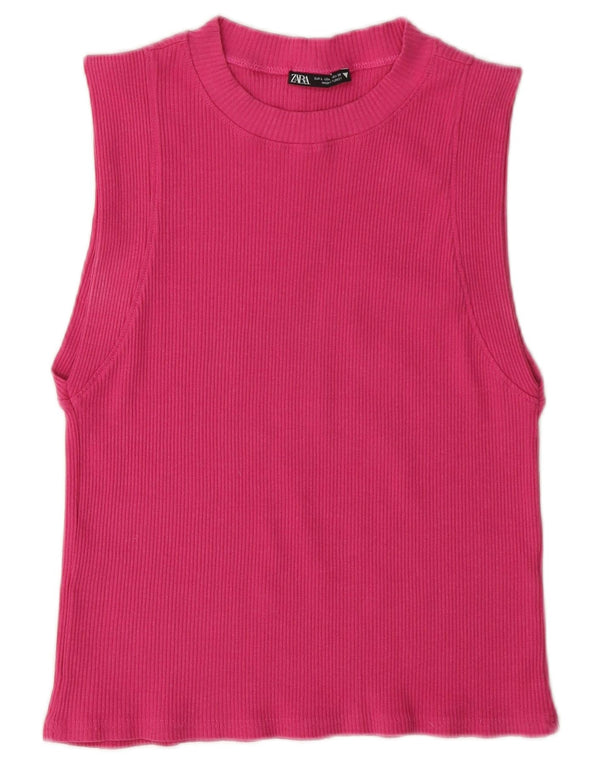 Zara Womens Crop Vest Top UK 14 Grande Algodão Rosa