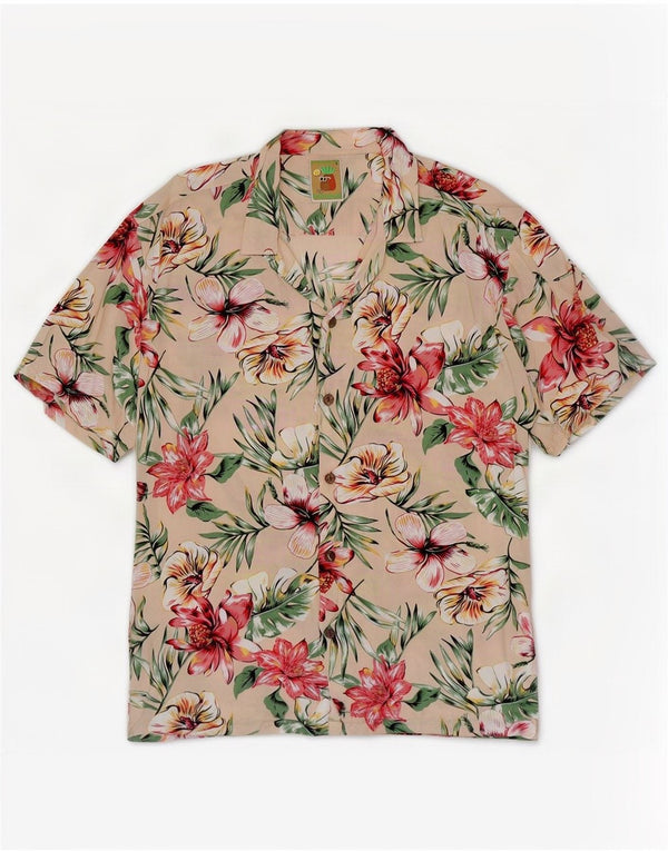 Camisa masculina vintage de manga curta grande bege floral havaiano