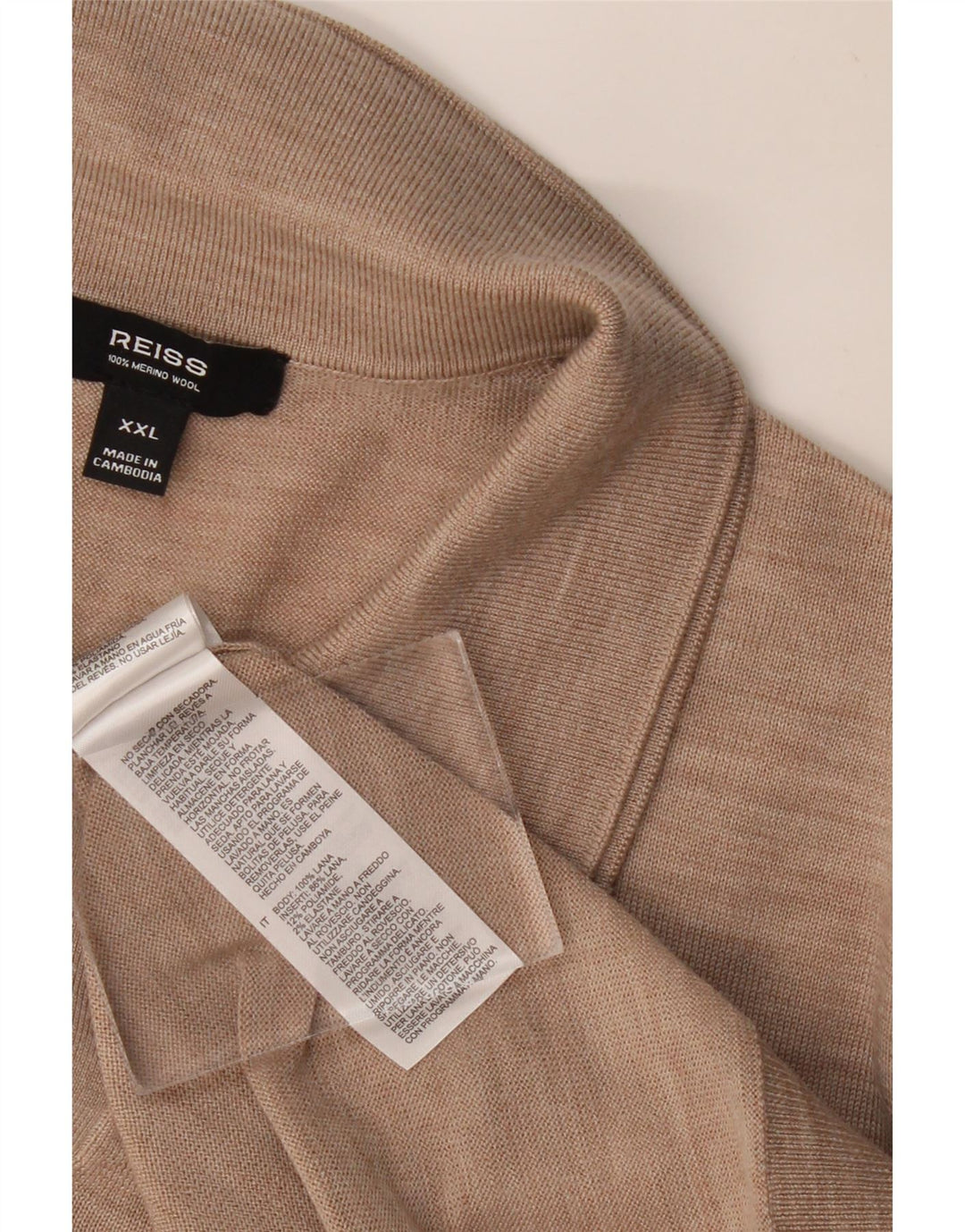 Suéter masculino REISS de manga curta com gola polo 2XL lã manchada bege