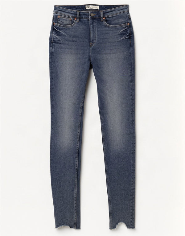 Zara Jeans skinny feminino desgastado UE 38 pequeno W28 L30 algodão azul