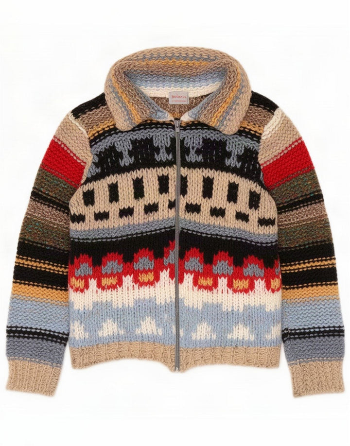 Suéter cardigã feminino vintage Reino Unido 12 lã colorblock médio multicolorido