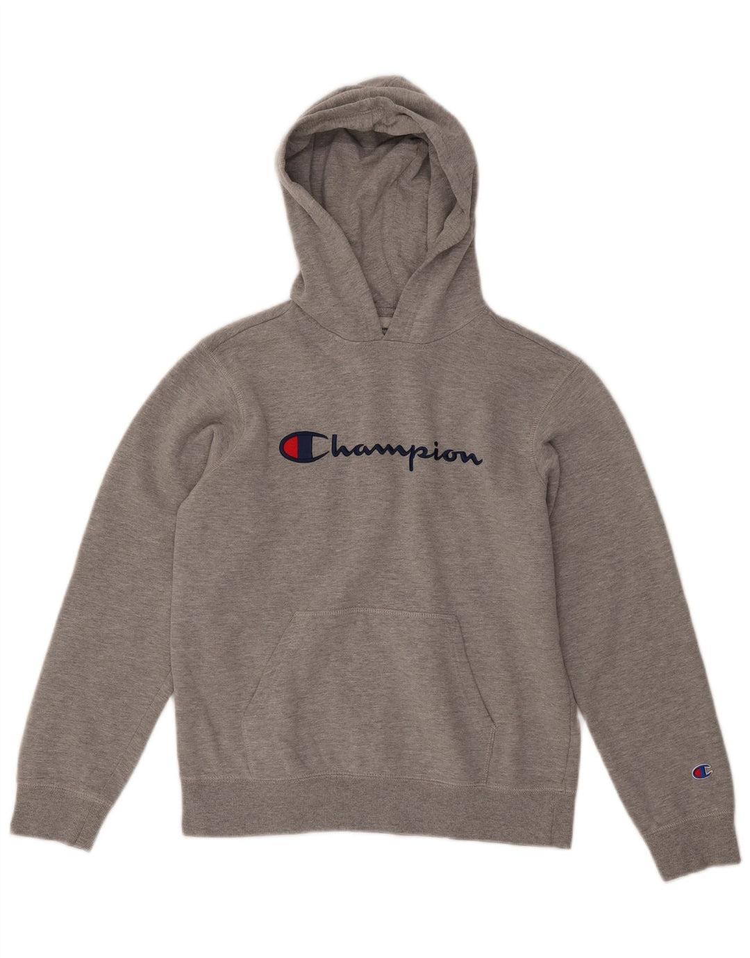 CHAMPION Meninos moletom com capuz gráfico 13-14 anos XL algodão manchado cinza