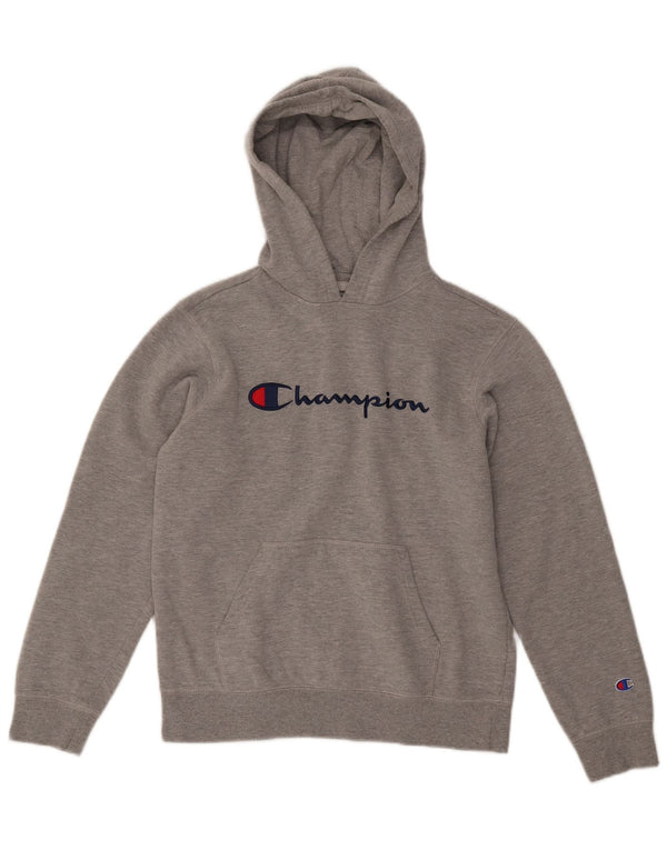 CHAMPION Meninos moletom com capuz gráfico 13-14 anos XL algodão manchado cinza