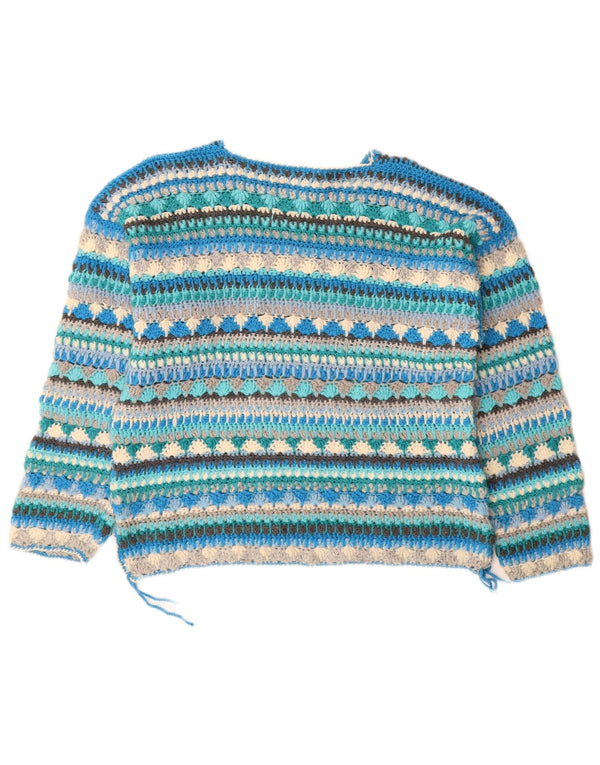 Suéter feminino vintage com gola redonda UK 18 XL listrado azul