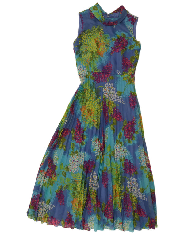 Vestido maxi feminino vintage sem mangas UK 12 sintético floral azul médio