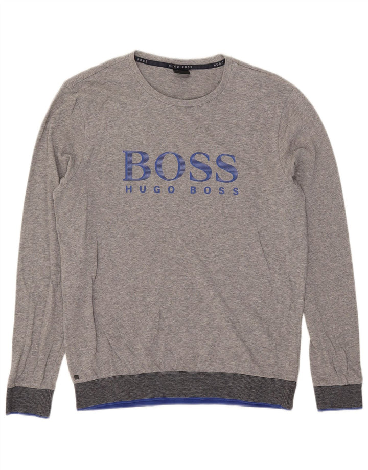 Hugo Boss Camiseta masculina gráfica manga comprida algodão manchado cinza médio