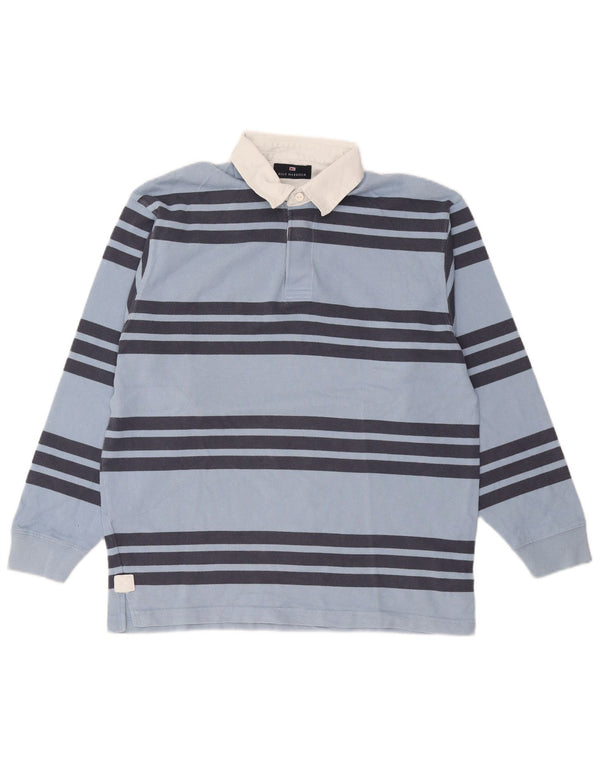 Camisa polo masculina de rugby de manga comprida Marks & Spencer pequena listrada azul de algodão