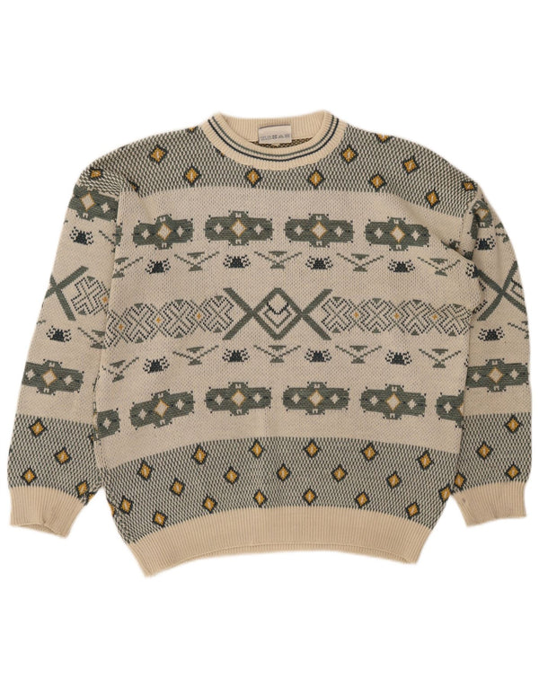 Suéter vintage masculino com gola redonda, grande bloco colorido branco retrô