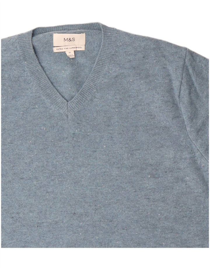 Suéter masculino Marks & Spencer com decote em V XL lã de cordeiro manchada azul