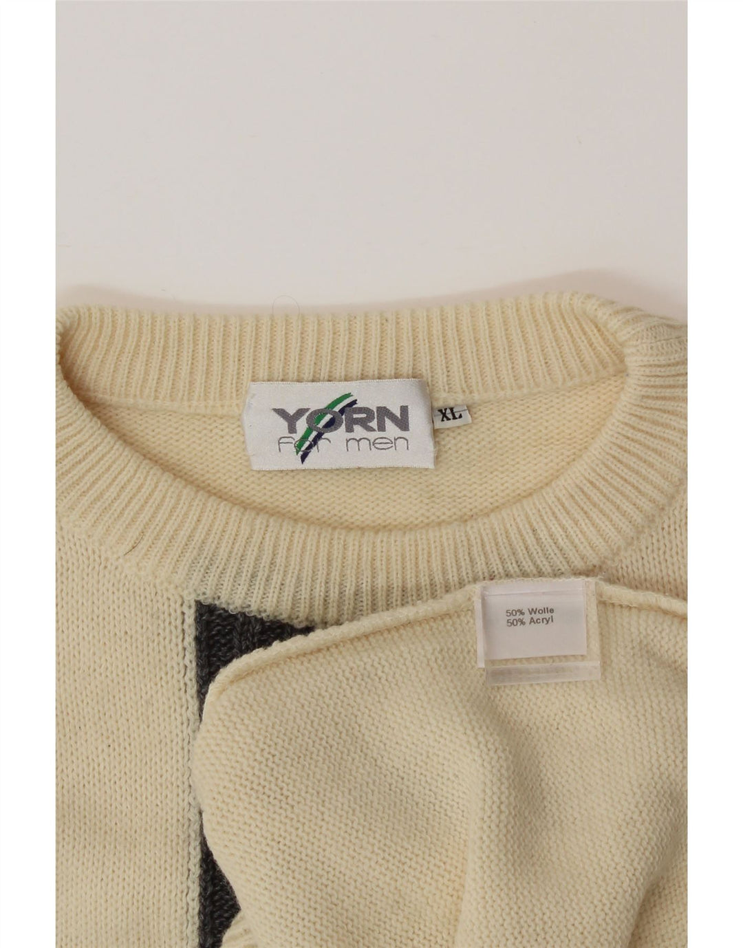 YORN Mens Crew Neck Jumper Sweater XL Beige Colourblock Wool Vintage Yorn and Second-Hand Yorn from Messina Hembry 