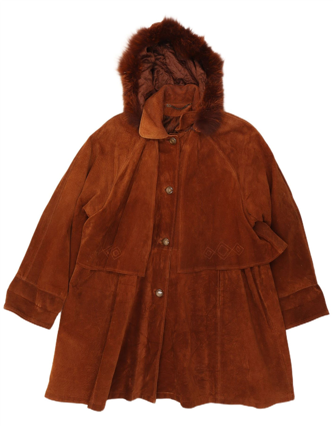 Sobretudo feminino vintage de camurça com capuz grande IT 44 couro marrom médio