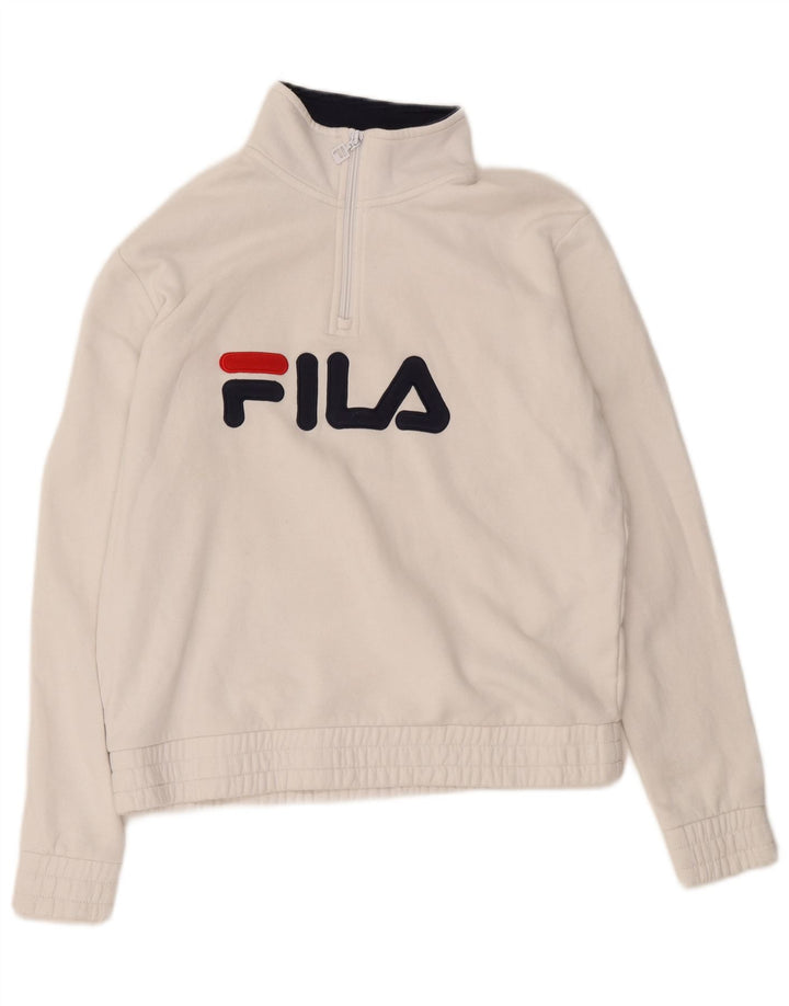 Suéter feminino FILA com gola e zíper gráfico UK 14 algodão branco médio