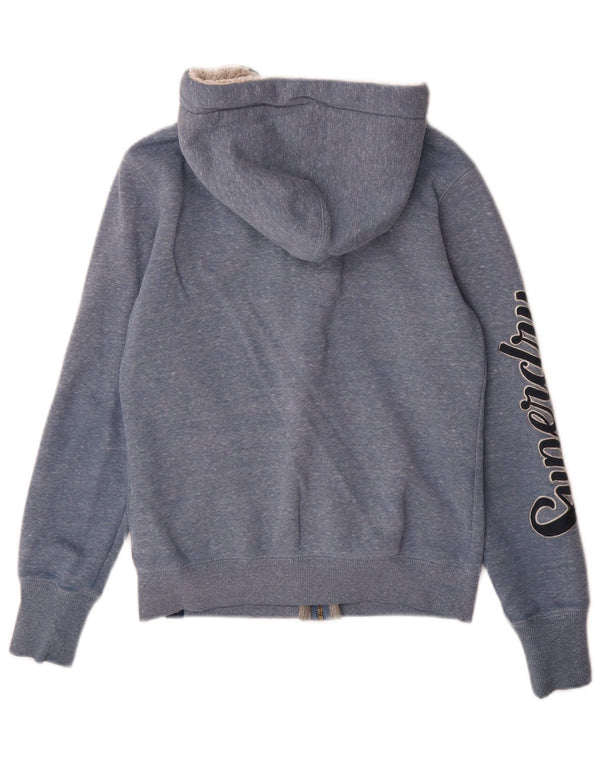 Suéter feminino Superdry com capuz e zíper gráfico UK 8 pequeno algodão manchado azul