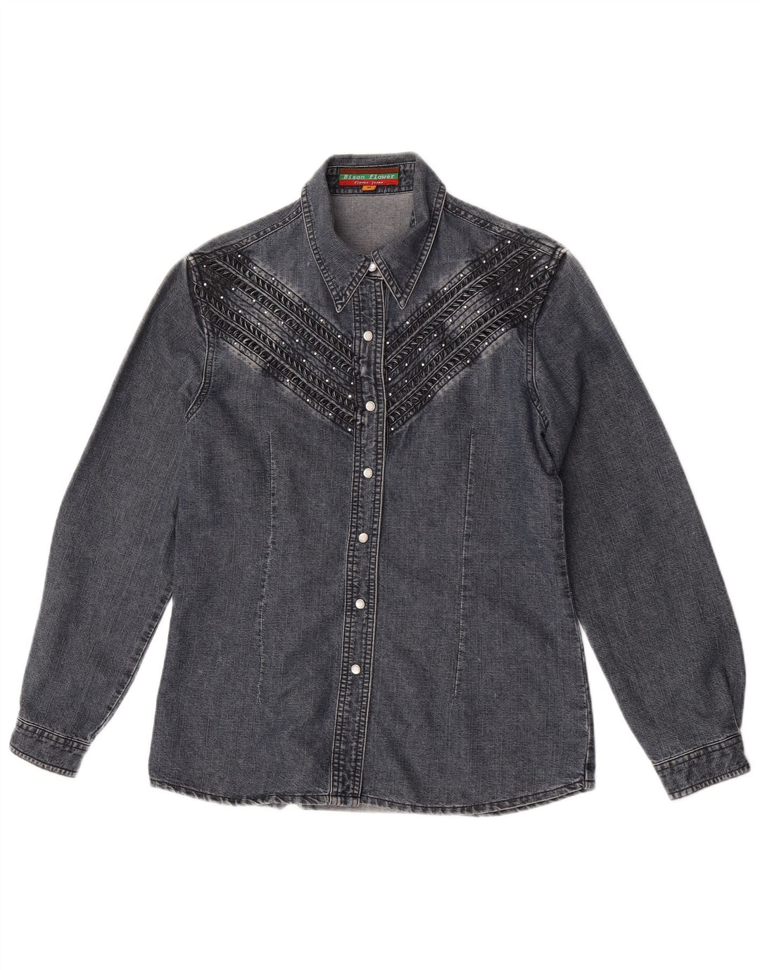 Camisa jeans feminina vintage Reino Unido 14 algodão cinza médio