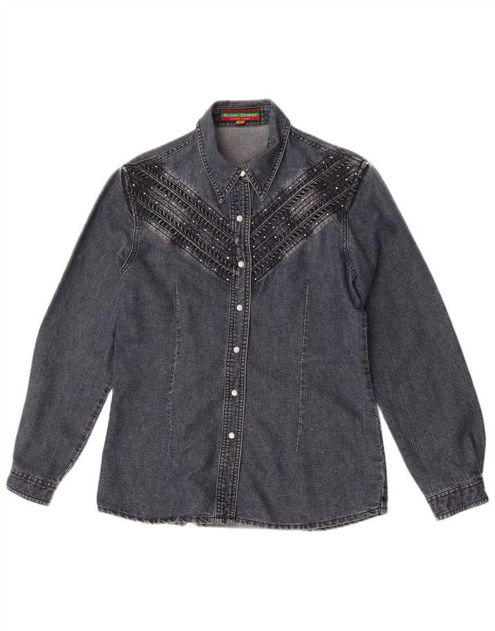 Camisa jeans feminina vintage Reino Unido 14 algodão cinza médio