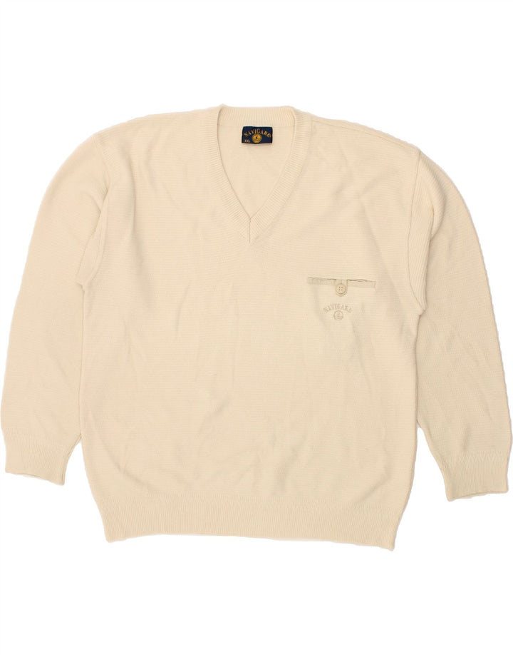 NAVIGARE Mens V-Neck Jumper Sweater 2XL Beige Cotton Vintage Navigare and Second-Hand Navigare from Messina Hembry 