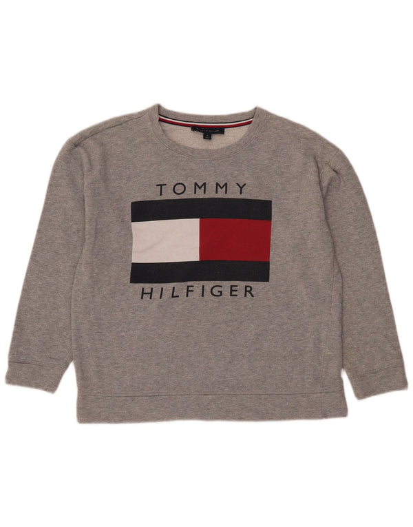 Tommy Hilfiger moletom gráfico feminino jumper UK 14 cinza médio manchado