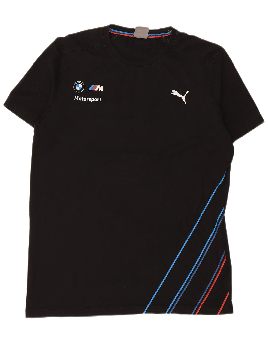Camiseta masculina PUMA BMW Motorsport com estampa gráfica grande de algodão listrado preto