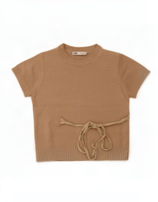 Suéter Zara feminino cropped manga curta gola redonda Reino Unido 10 pequeno bege