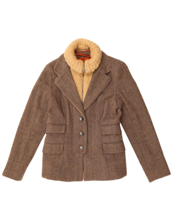 Jaqueta blazer feminina Superdry com 3 botões Reino Unido 14 grande lã espinha de peixe cinza