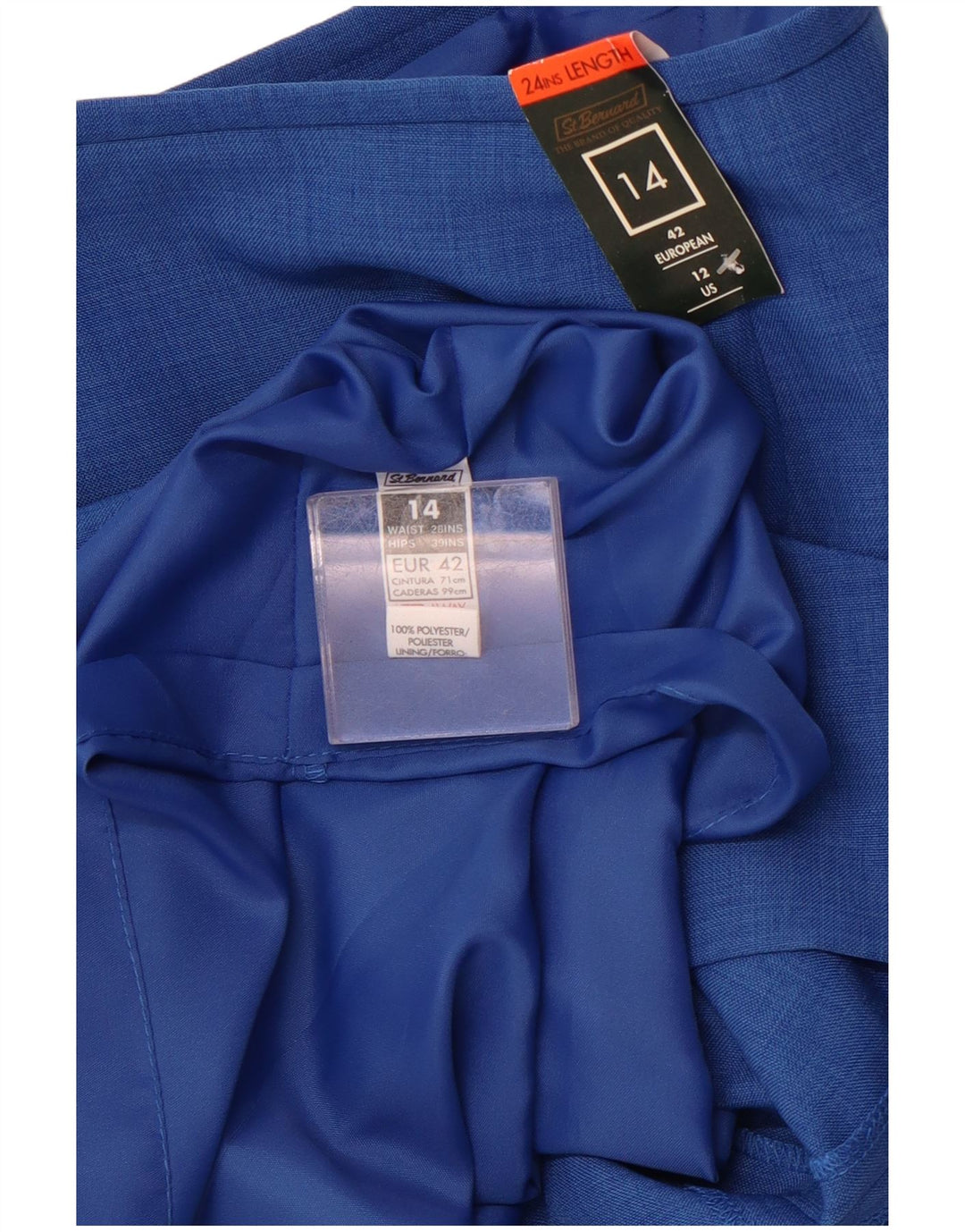 ST. Saia lápis feminina de cintura alta BERNARD Reino Unido 14 grande W28 azul poliéster