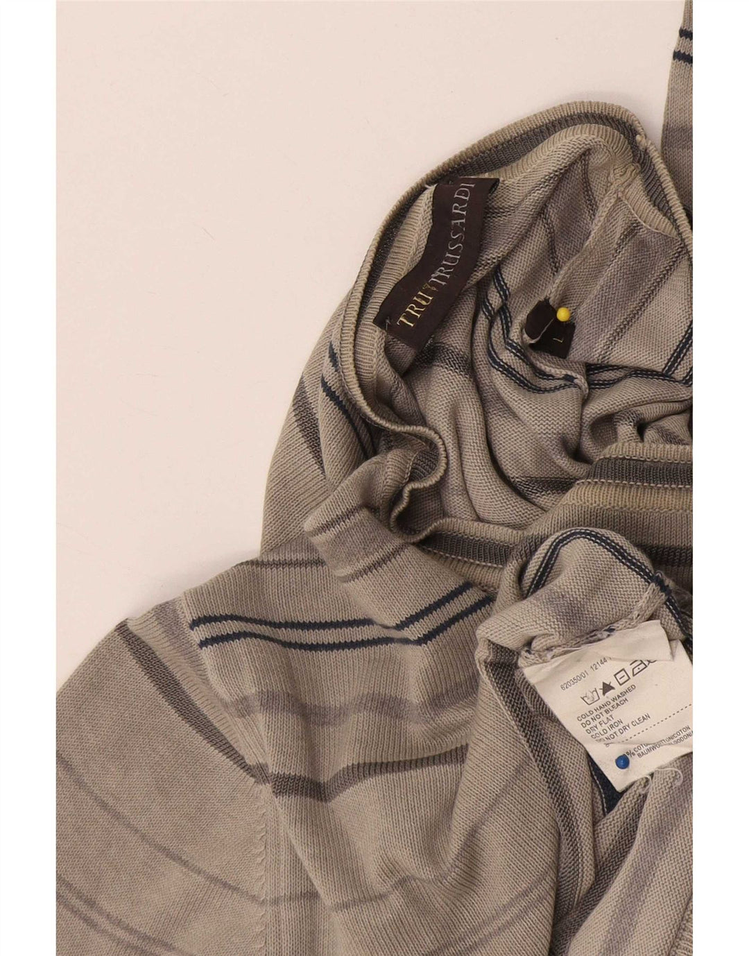 Trussardi Suéter masculino com gola redonda, grande algodão listrado cinza