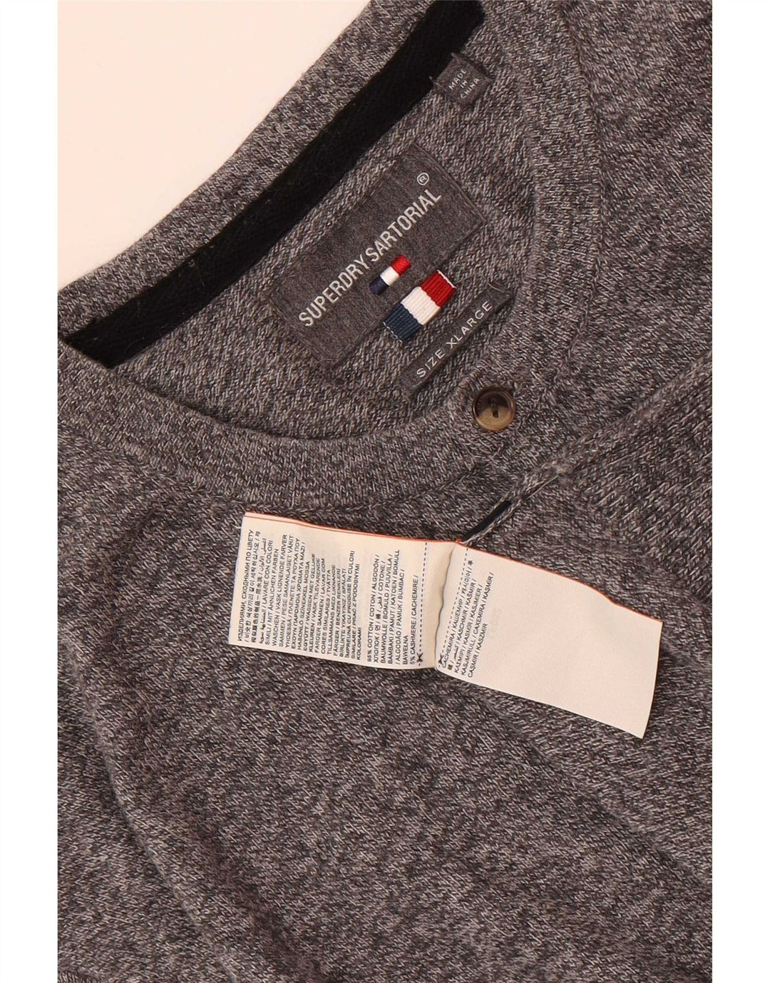 Suéter masculino Superdry Regular Fit com botão e pescoço XL algodão manchado cinza