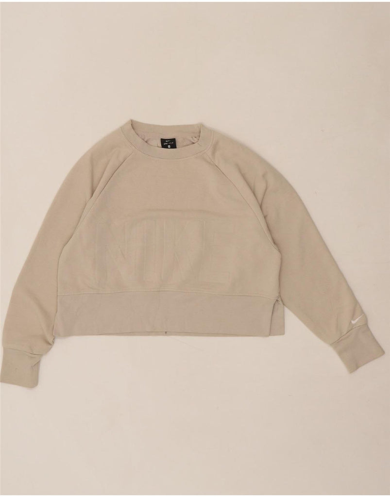 NIKE Womens Dri Fit Crop Graphic Sweatshirt Jumper UK 6 XS Beige Polyester Vintage Nike and Second-Hand Nike from Messina Hembry 
