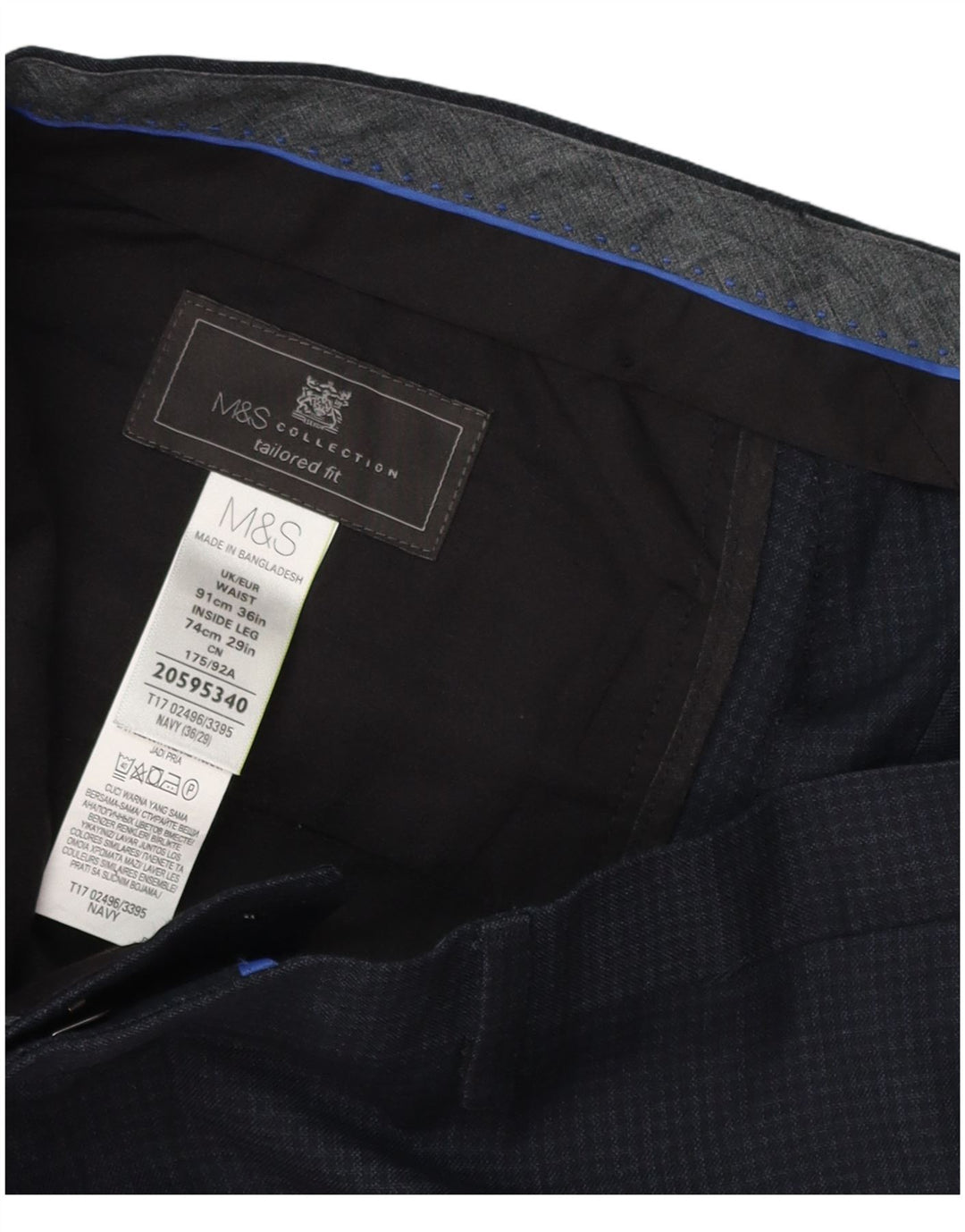 Calça masculina Marks & Spencer sob medida W36 L29 azul marinho xadrez